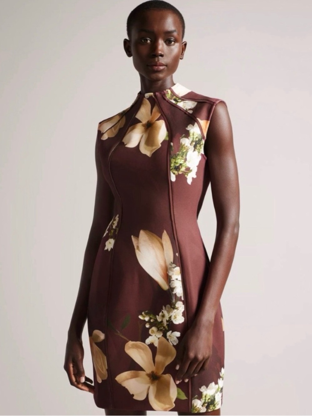 Ted Baker Zassha Brown Floral Scuba Bodycon Mini Dress Sz 4 / 1